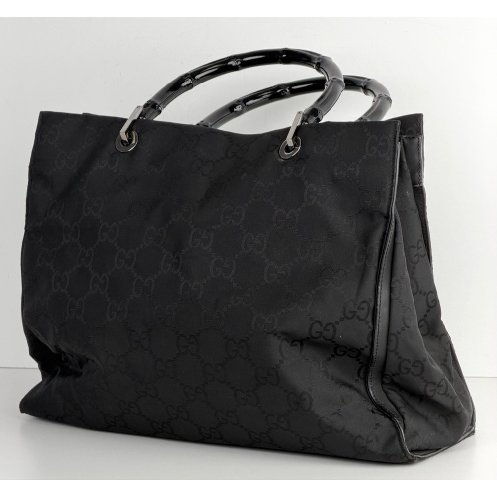 Gucci GG Bamboo Tote Bag Medium Vintage Shopper Sleek Black Monogram Nylon S15